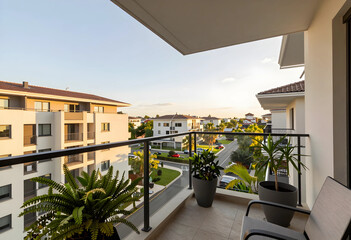 Fototapeta premium Real estate investment and urban lifestyle, balcony view of modern apartment complex with potted plants and sunset light in a residential neighborhood
