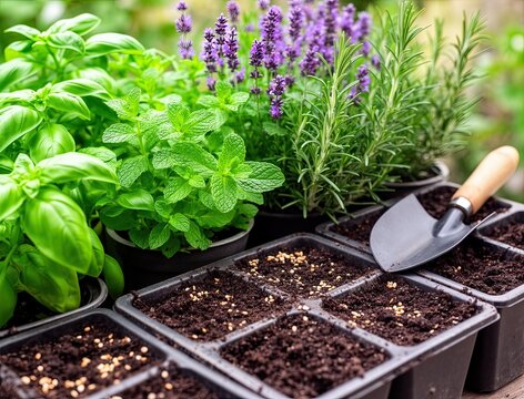 Herb garden features fresh basil, mint, and lavender in pots. Dark soil in empty containers awaits planting. Natural light enhances vibrant greens and purples in this gardening scene