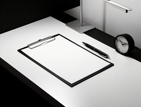 Clipboard with blank sheet on minimalist desk. Desk features modern clock and pen, illuminated by soft light. Black and white color scheme emphasizes simplicity and elegance