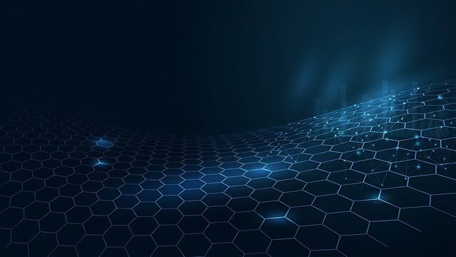Abstract digital surface with glowing blue hexagonal grid and light particles representing data networks and futuristic technology infrastructure