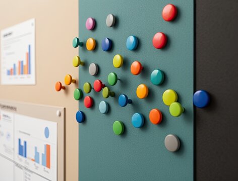 Colorful push pins arranged on teal board create engaging display. Graph charts and notes visible on background add context to workspace. Bright colors enhance productivity and organization