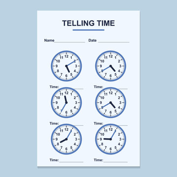 Hoja de trabajo para aprender la hora vectorial en tonos azul oc&eacute;ano