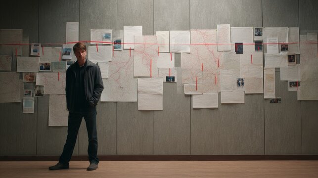 Detective Studies Large Red String Evidence Board Linking Documents, Maps, Suspects, and Unresolved Criminal Clues