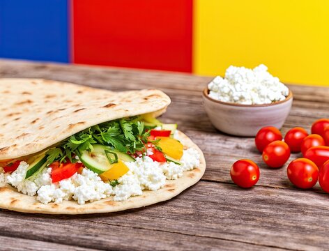 Fresh wrap with cheese, vegetables, and herbs rests on wooden table. Colorful background features red and yellow. Cherry tomatoes complement vibrant dish