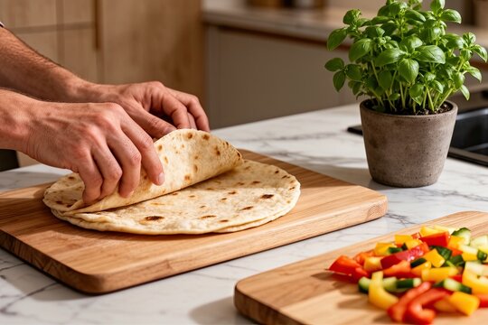 Freshly made tortilla is being prepared on wooden cutting board. Colorful bell peppers are chopped nearby, and small pot of basil adds touch of greenery to kitchen scene