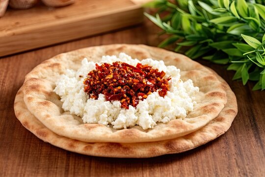 Cheese flatbread topped with spicy chili mixture creates delicious dish. Natural wood background adds warmth. Green leaves provide fresh touch