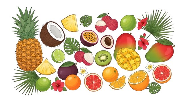 Tropical Fruit Assortment: A vibrant collection of exotic fruits, including pineapple, coconut, mango, passion fruit, and kiwi, artfully arranged with palm leaves and tropical flowers.