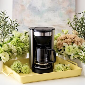 Coffee maker sits on yellow tray surrounded by fresh green and white flowers. Soft light highlights elegant composition, creating cozy and inviting atmosphere