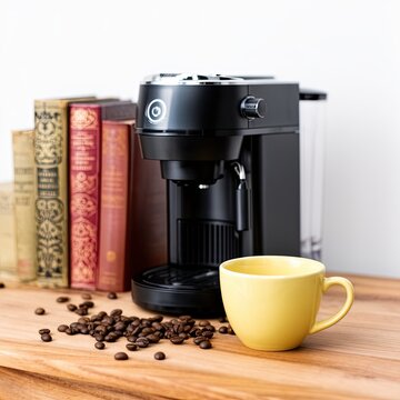 Coffee maker with yellow cup on wooden table features scattered coffee beans and vintage books in background. Simple composition highlights warm colors and inviting atmosphere