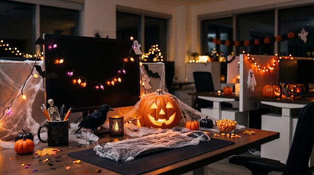 Halloween-decorated office desk with carved jack-o-lantern and seasonal decorations. Workplace Halloween celebration and office party. Festive autumn holiday decor.
