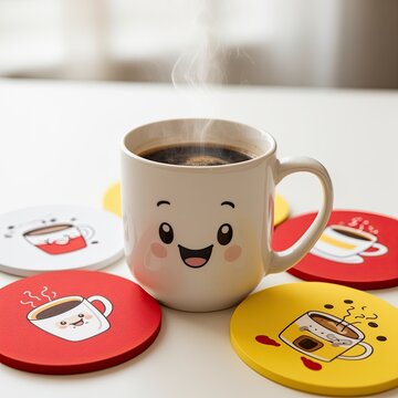 Smiling coffee mug with steam sits on colorful coasters. Coasters feature cheerful cup designs in red and yellow. Light background adds warmth and playfulness