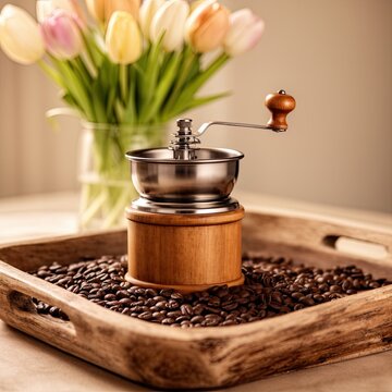 Coffee grinder with wooden base sits on tray filled with roasted coffee beans. Soft light enhances warm tones. Behind, fresh tulips add vibrant touch to cozy scene