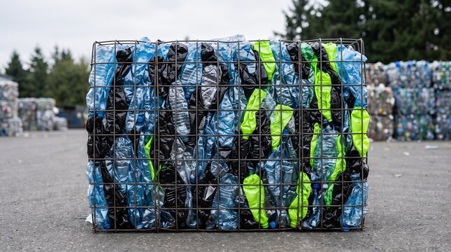 Compressed plastic bottles in a wire cage ready for recycling