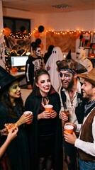 Fototapeta premium Coworkers in Halloween costumes celebrating at an office party. Halloween celebration and workplace social event. Costume party, seasonal festivity and office gathering. Social celebration.