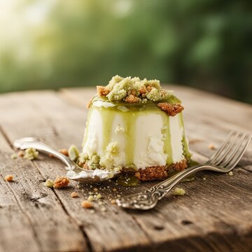 Dessert with creamy texture is topped with green sauce and crumbs. Background features soft natural light with bokeh effect. Wooden table adds rustic charm
