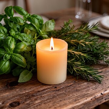 Candle surrounded by fresh herbs creates inviting ambiance on wooden table. Green basil and rosemary enhance natural decor. Ideal for wellness and relaxation themes