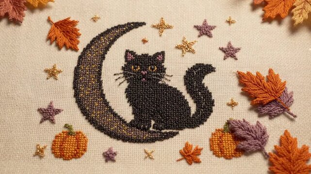 Cute black cat, crescent moon, stars and autumn leaves in a handcrafted Halloween cross-stitch embroidery animation on textured fabric.