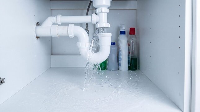 Water leaking from under the sink plumbing pipe in the kitchen