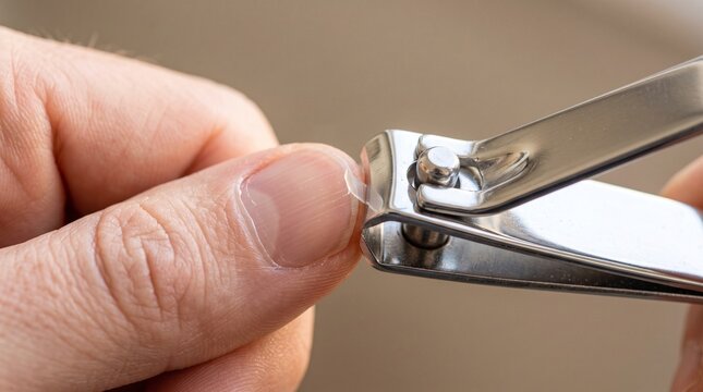 Person clipping fingernails with metal clippers for personal hygiene