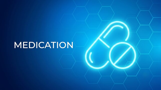 Medication icon. Pharmaceutical and healthcare concept with capsule and tablet. Digital medicine and treatment. Abstract blue medical background with hexagons. ai