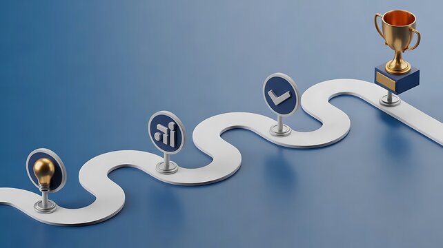 Business success journey with for innovation and planning on a winding path leading to a golden trophy representing corporate achievement