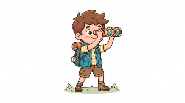 Cute cartoon boy explorer brown hair teal vest yellow striped shirt brown shorts backpack compass looking through red binoculars standing on grass illustration.