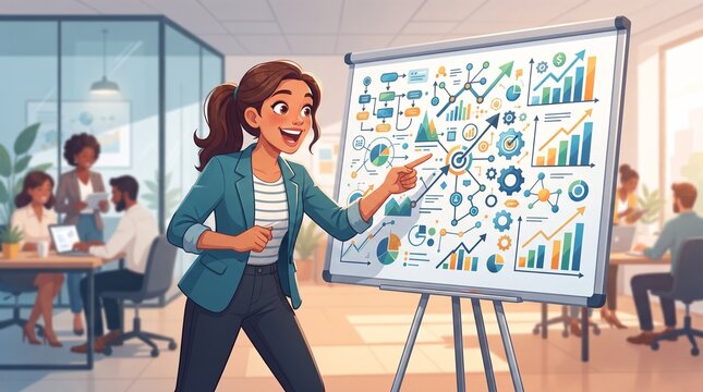 Smiling cartoon businesswoman teal blazer pointing at flipchart with colorful business infographics charts graphs gears workflow target icons, modern office team meeting illustration.