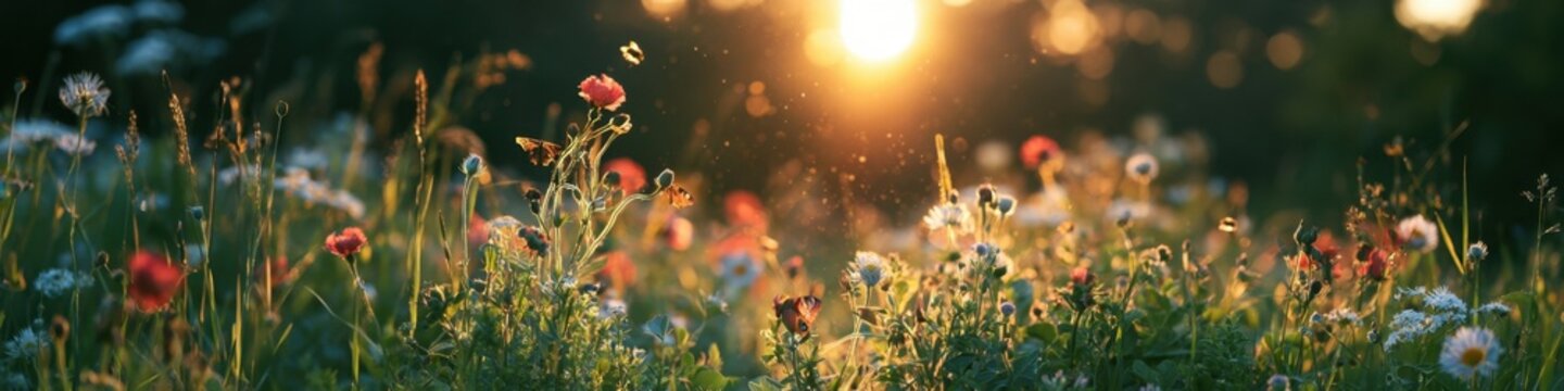 panoramic wildflower field at golden hour sunset with wild poppies and daisies backlit by glowing sunlight, vibrant rural nature meadow landscape banner background for summer environmental concepts