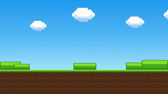 Pixel Art Platform Game Background with Green Platforms and Blue Sky