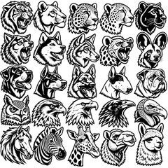 Fototapeta premium Animal Wildlife Heads Vector Illustration Set for Emblems Safari Park Logos and Tattoo Designs