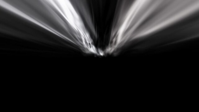 Monochrome white volumetric light rays burst and emanate upward over a solid black horizon in a dramatic 3D animation