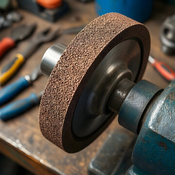 Industrial maintenance and metalworking, abrasive grinding wheel on bench grinder with workshop tools for repair and manufacturing in a metal shop
