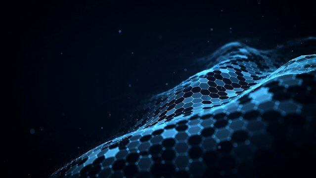 Dynamic blue hexagonal grid pattern forming a wave in dark space, symbolizing digital connectivity and advanced technological data flow systems