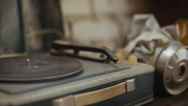 Close up of person take dusty vinyl record on vintage turntable beside silver gas mask with yellow visor, scene evokes post disaster survival