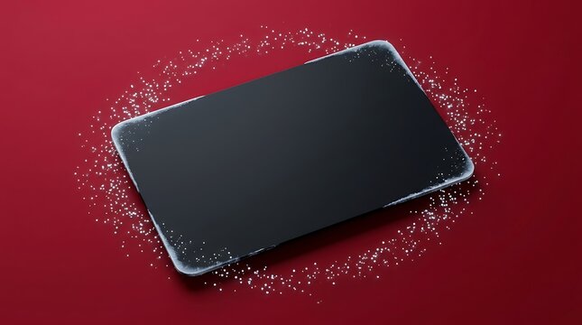Modern tablet device with a dark screen surrounded by sparkling particles on a rich red background