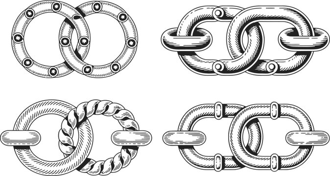 Metal chains and rings connection set vintage engraved vector illustration for borders and frame.
