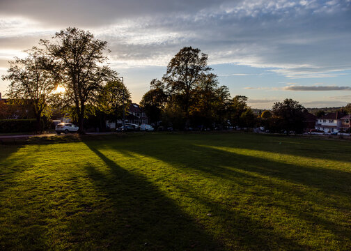 Sunset illuminates a quiet green park by a suburban street at dusk.