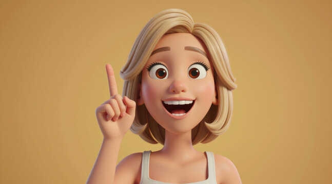 Excited 3D Cartoon Blonde Woman Character Pointing Finger Up with Great Idea Expression on Warm Background with Copy Space. Inspired Female Character Having Eureka Moment and Solution Concept