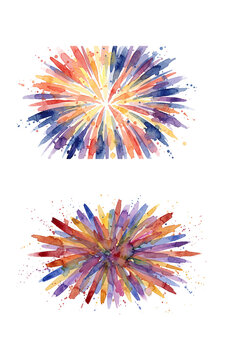 Multicolor watercolor firework bursts isolated on a transparent background