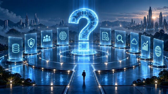 Futuristic digital business consulting with a businessman walking towards a glowing question mark surrounded by high tech solution icons in a modern smart city landscape
