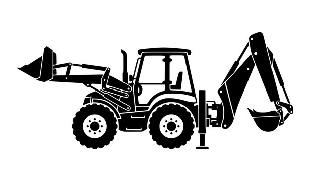 Heavy construction backhoe loader machine side view black white vector