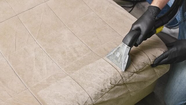 Worker deep cleans beige sofa cushion with extractor nozzle to remove dirt and refresh upholstery.