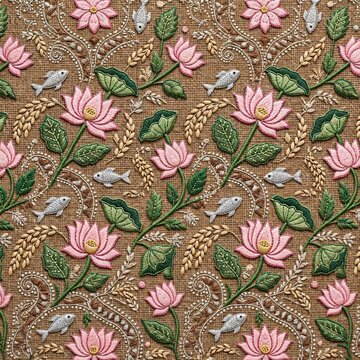 Seamless traditional Indian lotus flower and leaf pattern with brown background