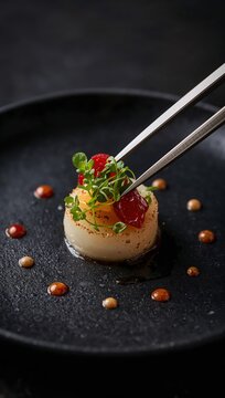 Chef plating modern fusion dish with tweezers microgreens and artistic sauce dots
