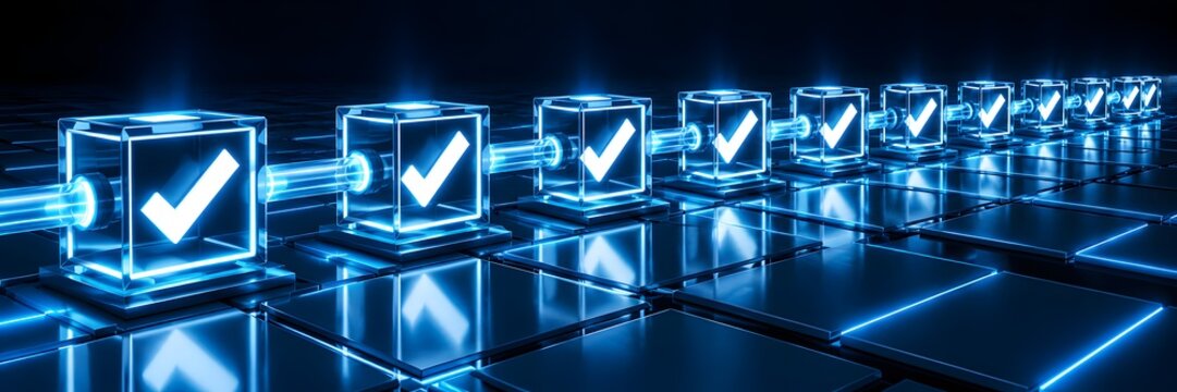Glowing digital blockchain cubes with validation checkmarks connected in a transparent sequence representing secure consensus ledger and quality control