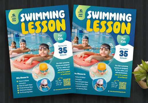 Kids Swimming Lesson Flyer Template Colour Blue