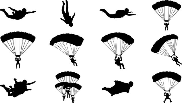 Parachuting Silhouette Vector Icon Set with Skydiving Freefall Extremes and Paragliding Gliders for Adventure Sports Graphic Designs and Outdoor Activity Branding