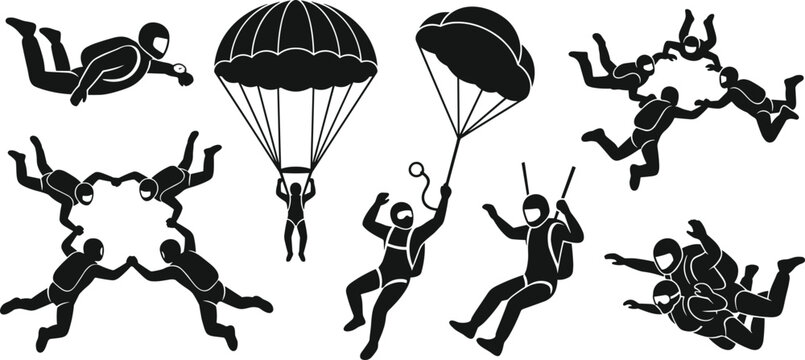 Skydiving Silhouette Vector Icon Set with Formation Freefall Skydivers Parachute Gliders and Tandem Jumps for Extreme Sports Graphic Designs and Adventure Layouts