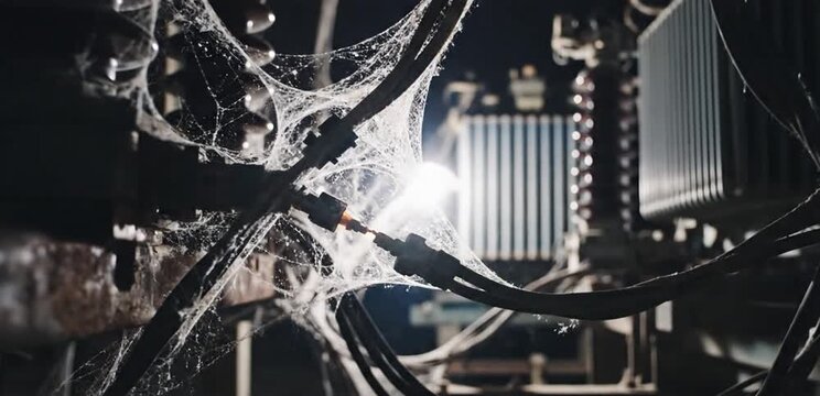 Dense white cobwebs draped across tangled electrical wiring in a darkened and abandoned industrial power facility