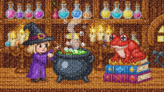Retro 16-Bit Pixel Art Animation of Tiny Witch Stirring Cauldron inside Cozy Wizard Cottage with Cross Stitch Texture